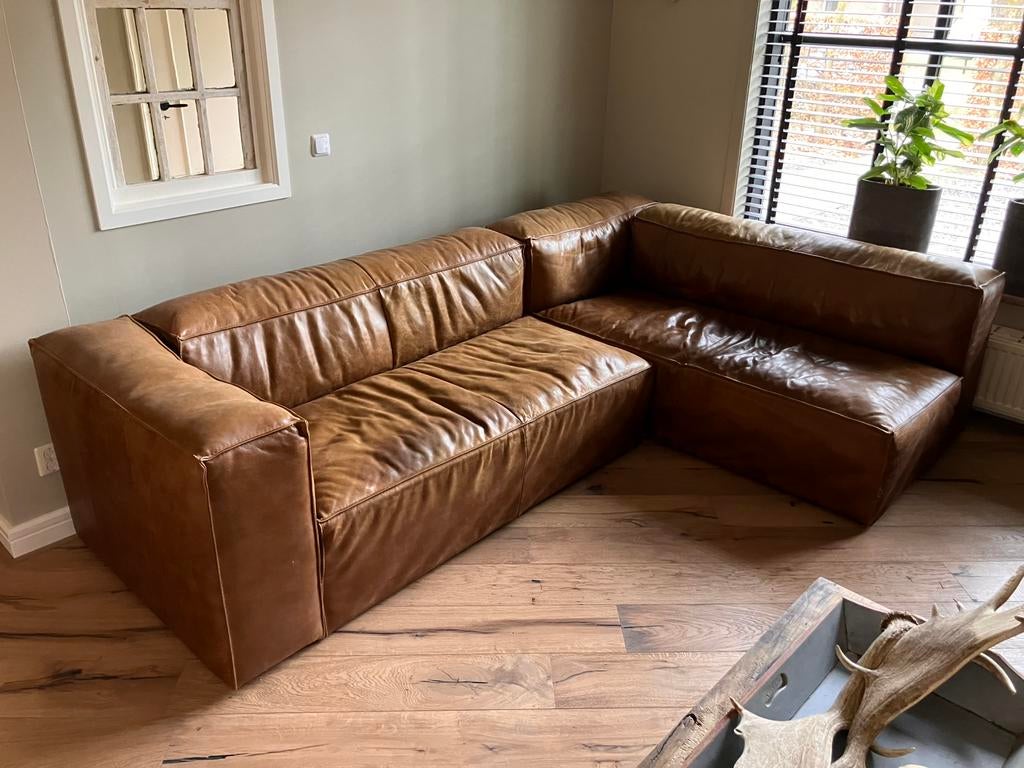 Lederen hoekbank van buffel leer in cognac kleur, Ophalen, 250 tot 300 cm, Gebruikt, Hoekbank