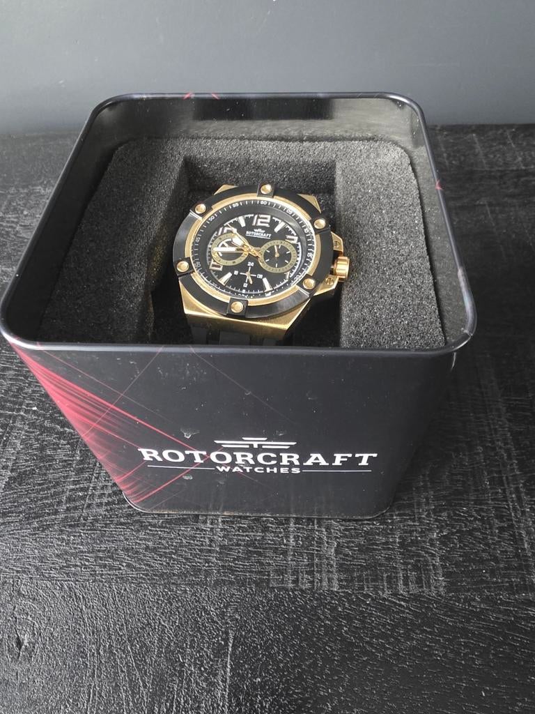 Rotorcraft horloge goudkleurig met zwart bandje, Ophalen of Verzenden