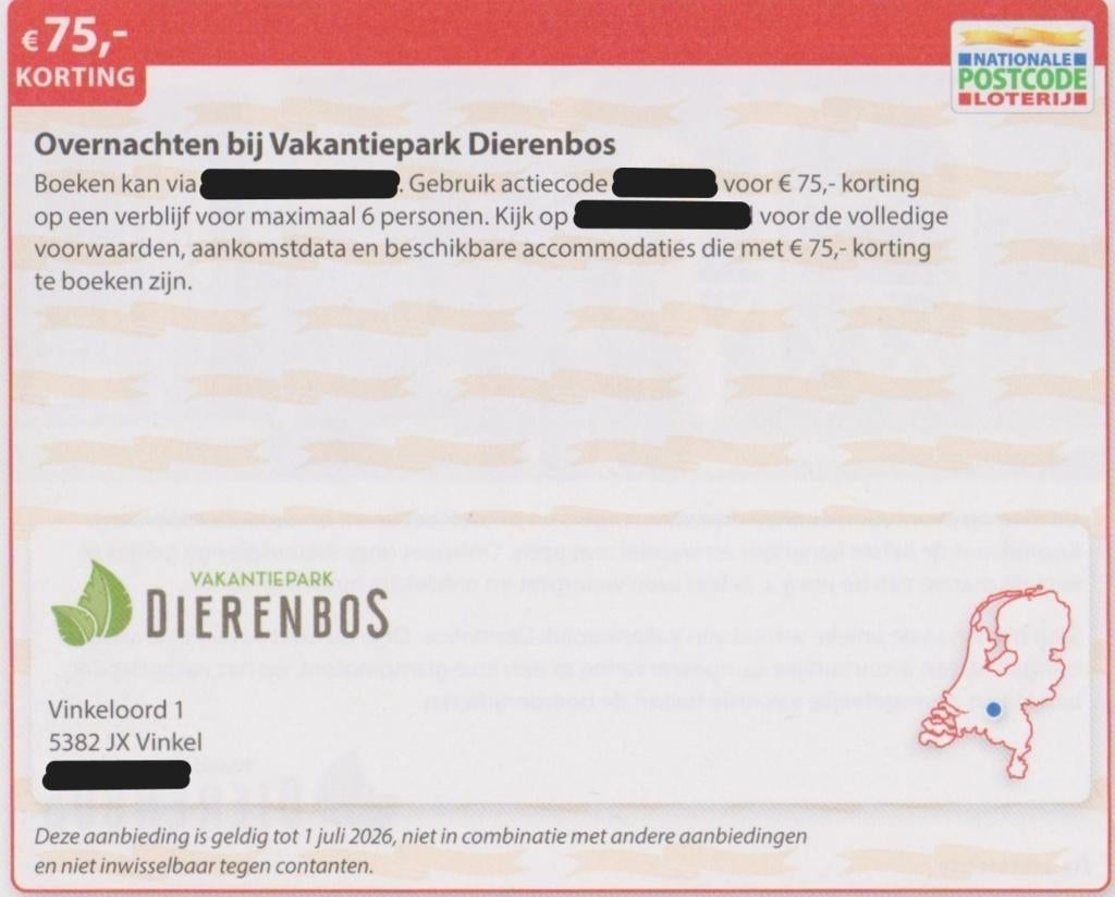 Vakantiepark Dierenbos. Vinkel. € 75,- korting. Postcode bon, Eén persoon, Kortingsbon, Bungalowpark