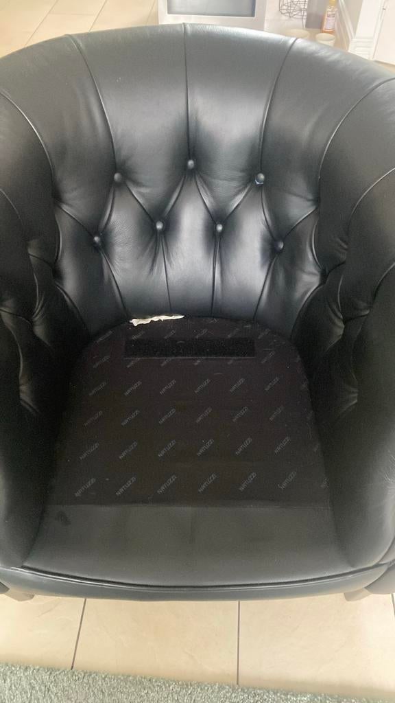 Zwarte Leren Chesterfield Fauteuil - Natuzzi, Ophalen of Verzenden, Gebruikt, Leer, 75 tot 100 cm