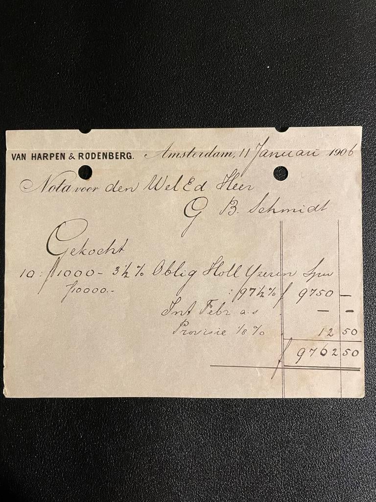Nota voor gekochte obligaties HIJSM (1906), Ophalen of Verzenden, Gebruikt, Trein