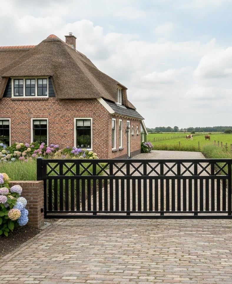 Nieuw model schuifpoort ´Woodlook´ 400x150cm zwart compleet!, Met poort, Nieuw, IJzer, Spijlenhekwerk