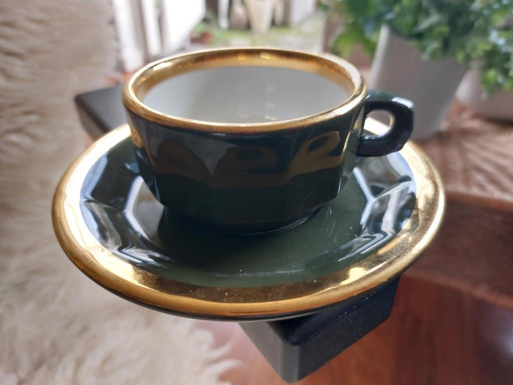 Vintage groen Pillivuyt France koffiekopje met schotel, Antiek en Kunst, Ophalen of Verzenden