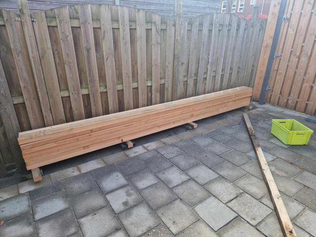 Douglas balken, 21 stuk, 5x7cm 4 mtr lang., Doe-het-zelf en Verbouw, Hout en Planken, Ophalen, Balk, Overige houtsoorten, 50 mm of meer