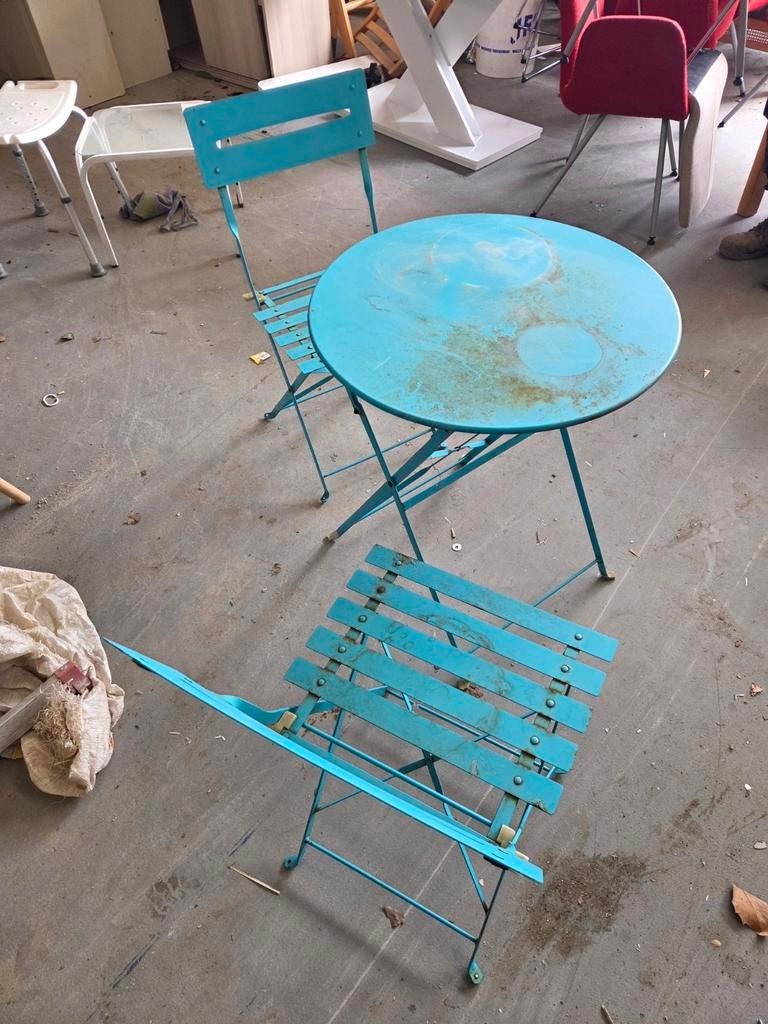 Bistro setje zee blauw van ijzer, Ophalen, Gebruikt, Overige materialen, 2 zitplaatsen