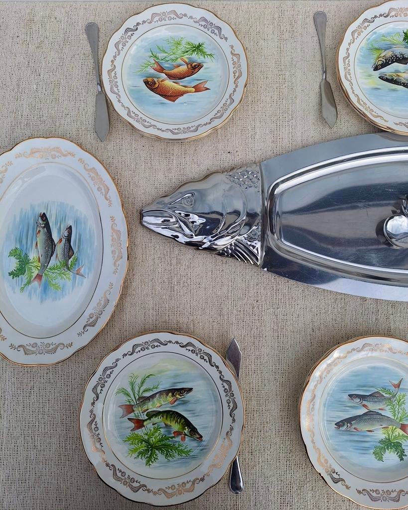 Vintage visborden diverse soorten met schaal dinerparty, Ophalen of Verzenden, Zo goed als nieuw, Overige stijlen, X