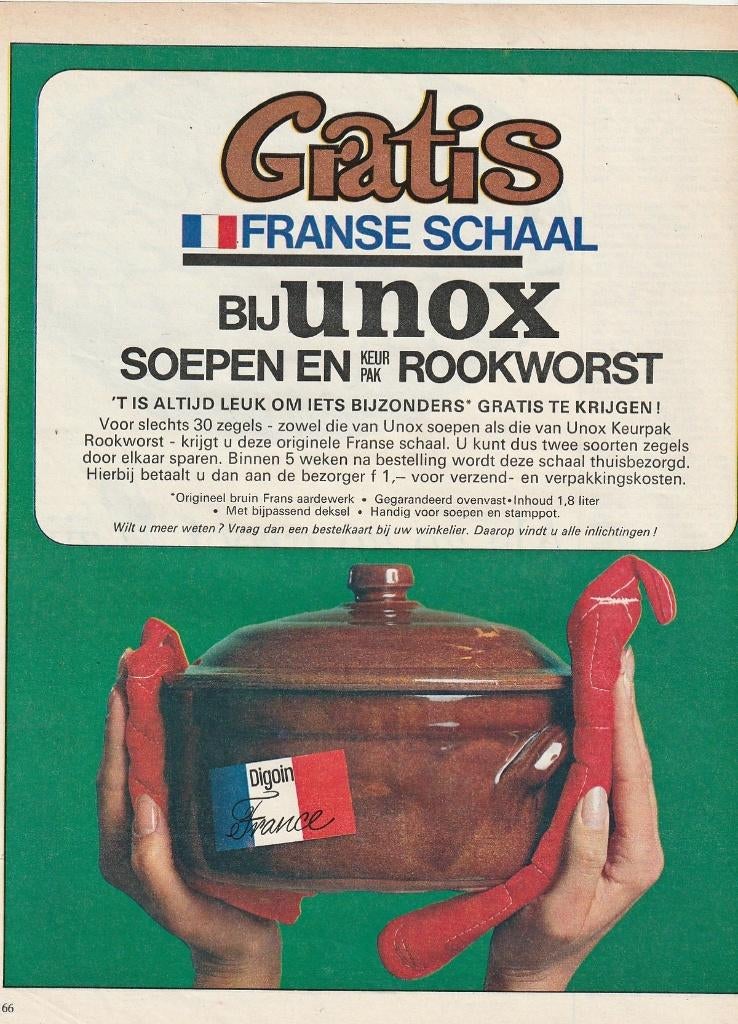 retro reclame 1966 Unox spaaractie Franse schaal ovenschaal, Verzenden, Overige typen