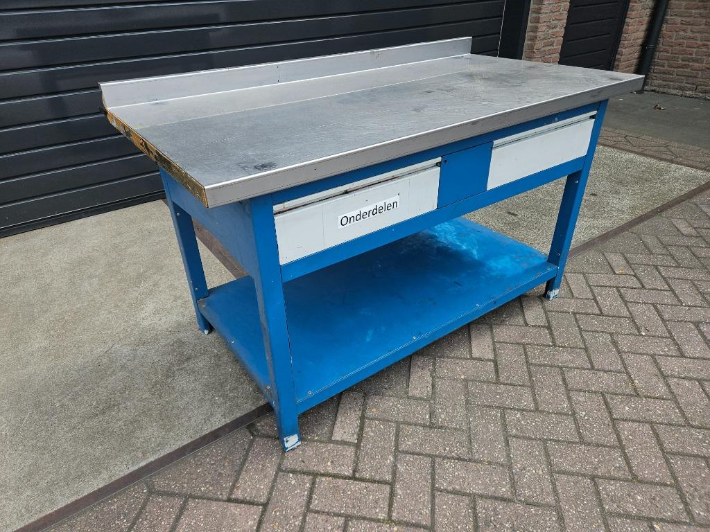 Werkbank 150 cm. met laden en RVS bovenblad, Ophalen, Gebruikt