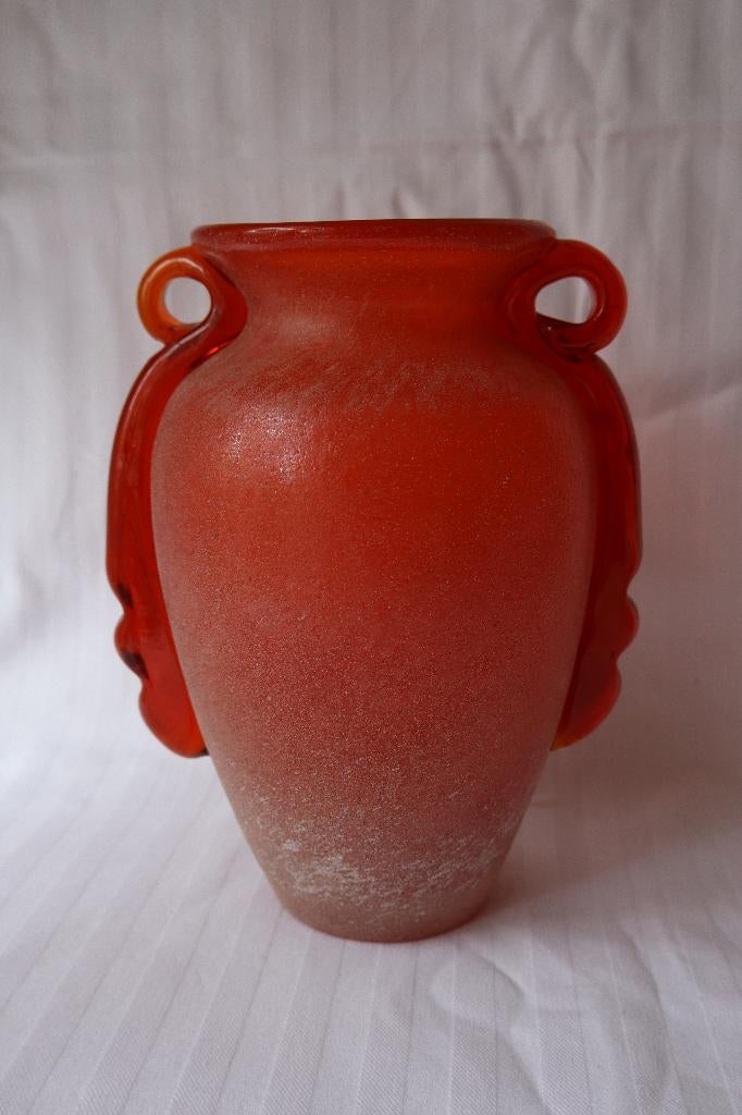 Vintage Murano Scavo rood en amberina glas vaas c 1950-1960, Ophalen of Verzenden