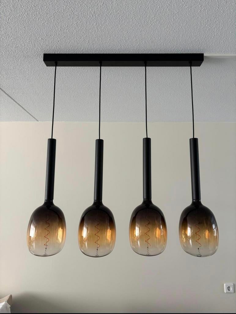 Moderne hanglamp met 4 glazen lampen, Ophalen, Zo goed als nieuw, Glas, Modern