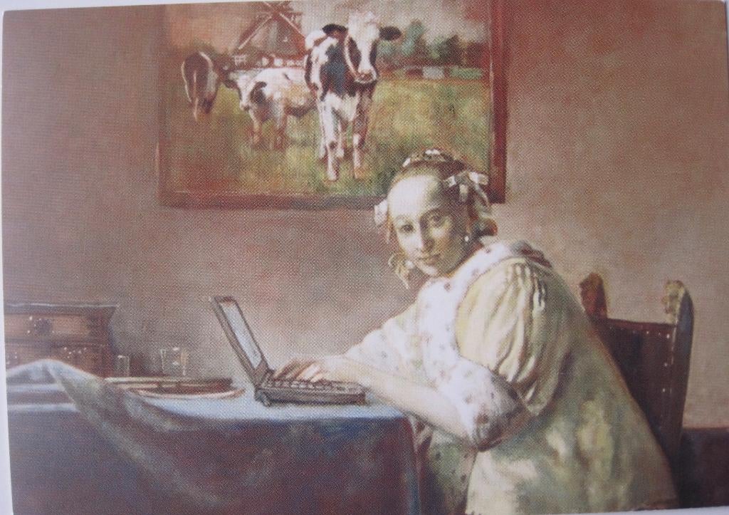 brieflezende meisje van Vermeer met computer - nieuw, Verzenden, 1980 tot heden, Ongelopen, Overige thema's