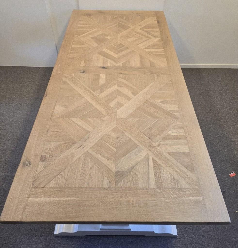 Massief eiken kloostertafel 220x100 IngelegdKasteelvloerblad, Ophalen, EigenMeubelmakerij, Eikenhout, 200 cm of meer