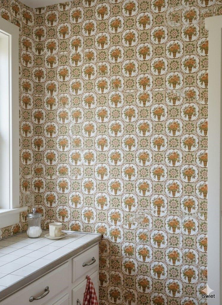 14249 vintage bloemen behang retro american kitchen swiet, Huis en Inrichting, Ophalen of Verzenden, Minder dan 10 m², Oranje