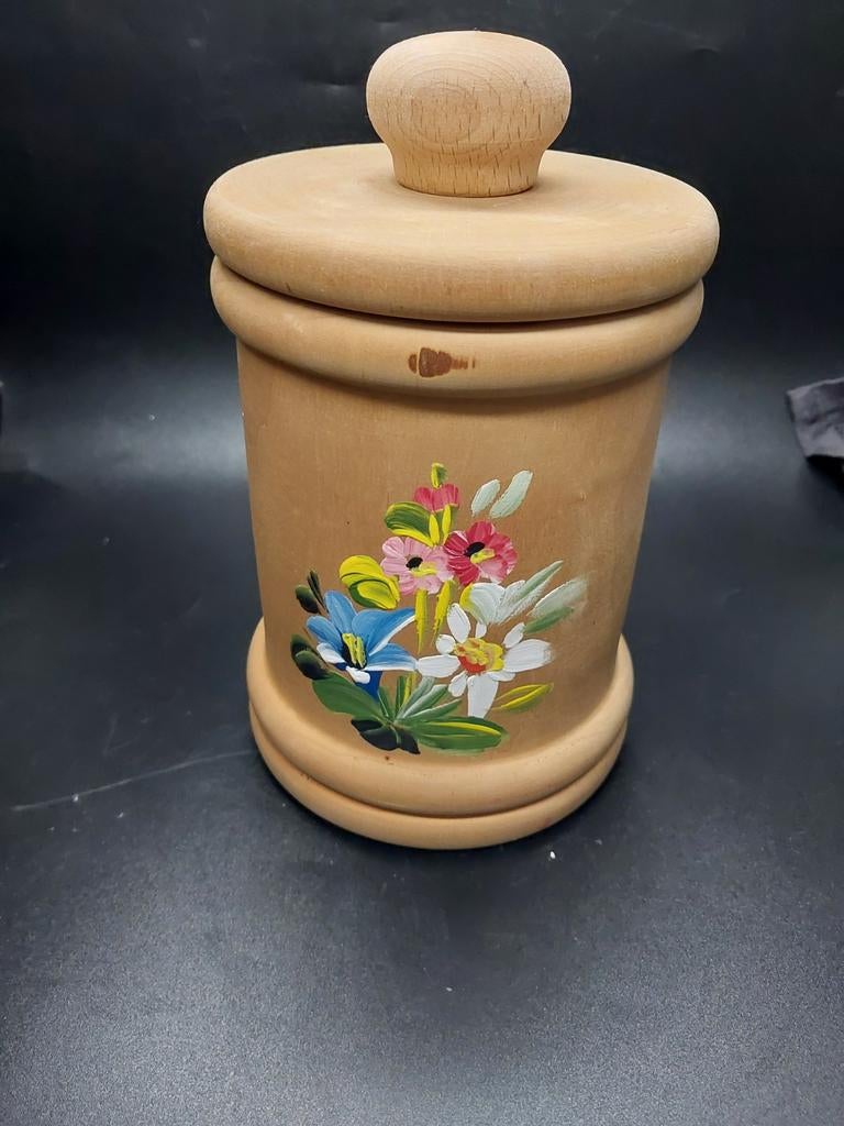 Prachtige houten pot met deksel, fleurig bloemmotief, Ophalen of Verzenden