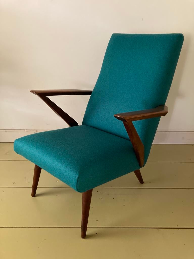 Mid century fauteuil, nieuw gestoffeerd, Huis en Inrichting, Fauteuils, Zo goed als nieuw, Stof, 50 tot 75 cm, 75 tot 100 cm, Ophalen