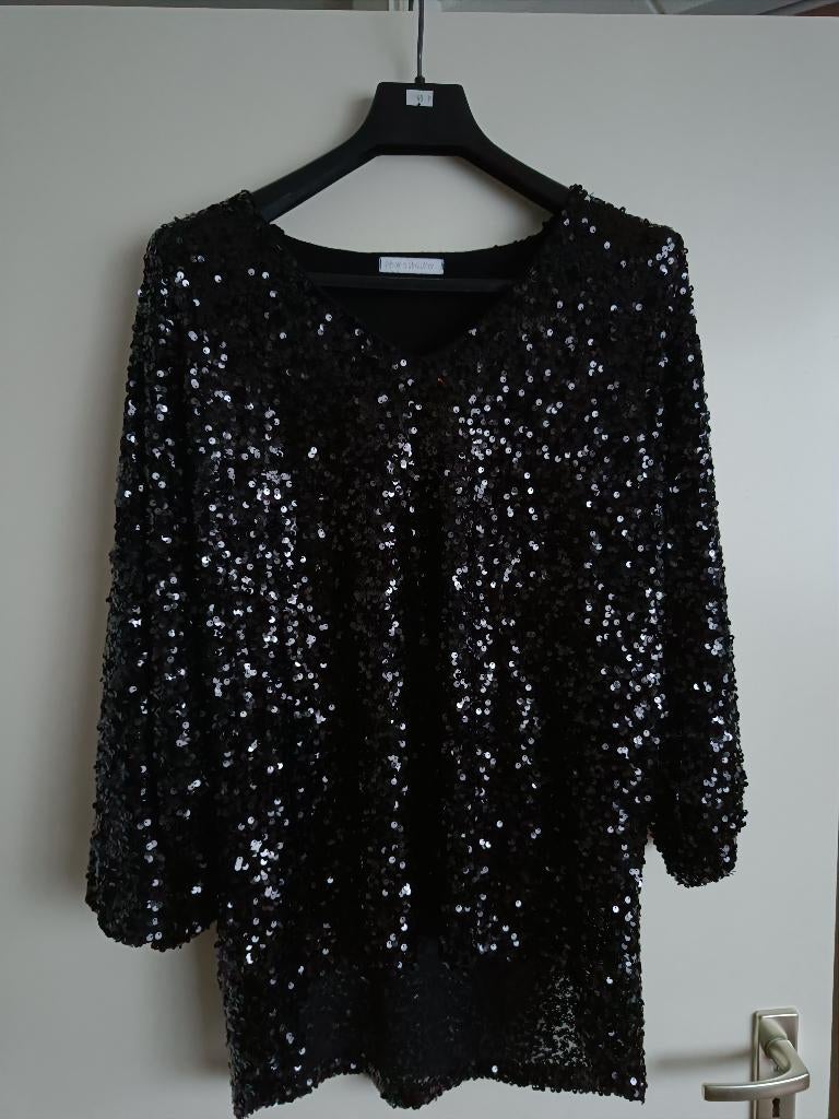 Zwarte pailletten blouse met 3/4 mouwen maat L, Kleding | Dames, Blouses en Tunieken, Only, Zwart, Maat 42/44 (L), Ophalen of Verzenden