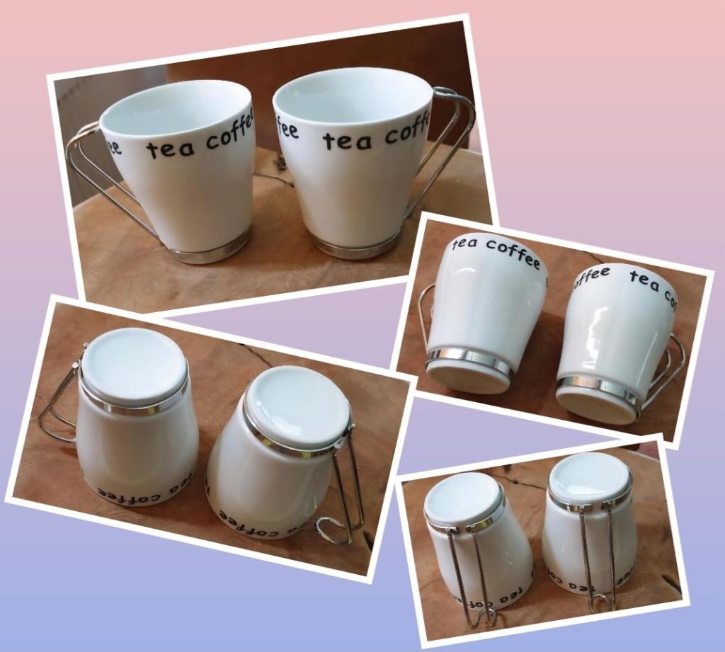 Tea coffee wit porselein bekers RVS greep 8.7cm mooi cadeau!, Nieuw, Ophalen of Verzenden, Overige stijlen, Kop(pen) en/of Schotel(s)