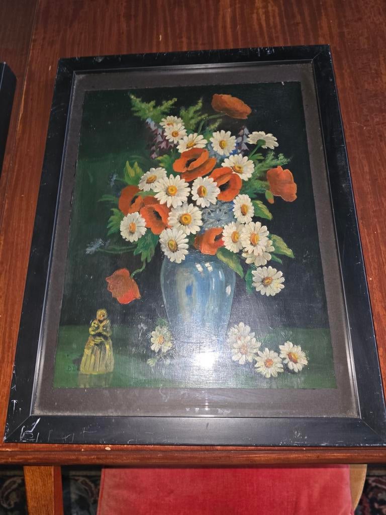 Schilderij: Bloemenvaas met klaprozen en madeliefjes, Antiek en Kunst, Ophalen of Verzenden