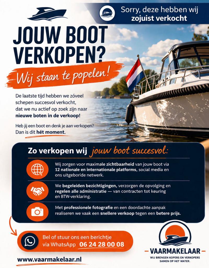 Langenberg Vlet 8.50 OK | Teak | Boegschroef | Verwarming, Ophalen, Gebruikt, Staal, Binnenboordmotor