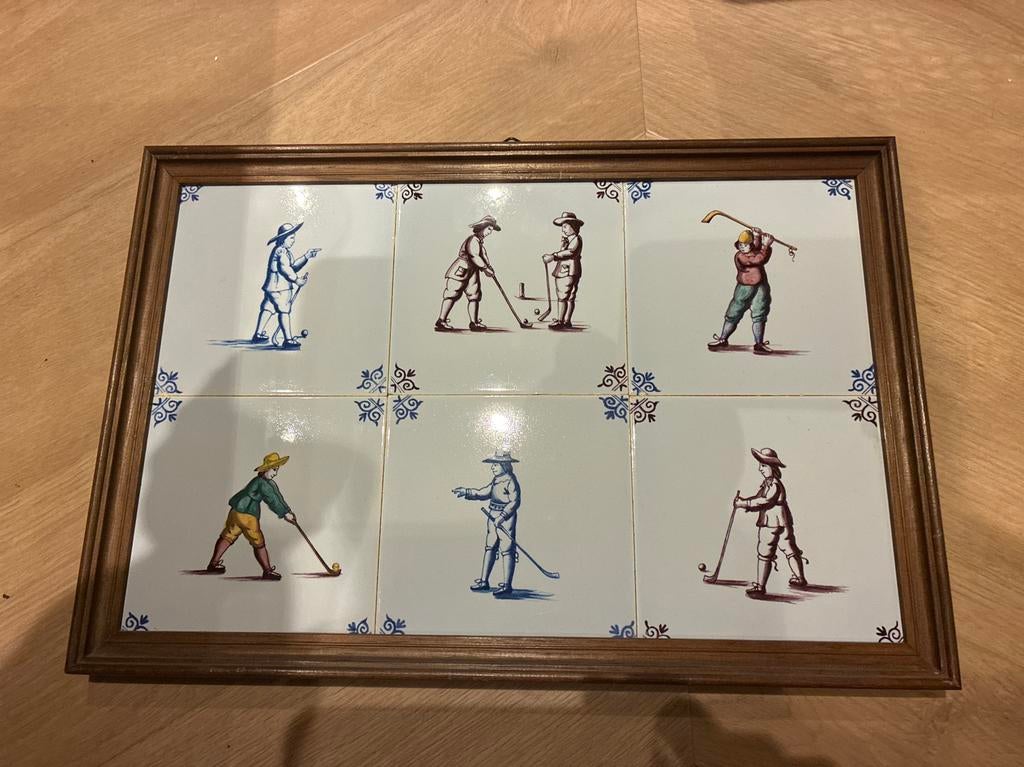 Tegeltableau met houten lijst, golfspelers, Ophalen