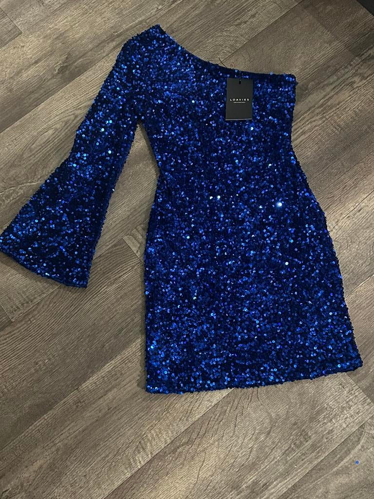 Loavies off shoulder jurk blauw glitter, maat M, Maat 38/40 (M), Overige typen, Blauw, Nieuw