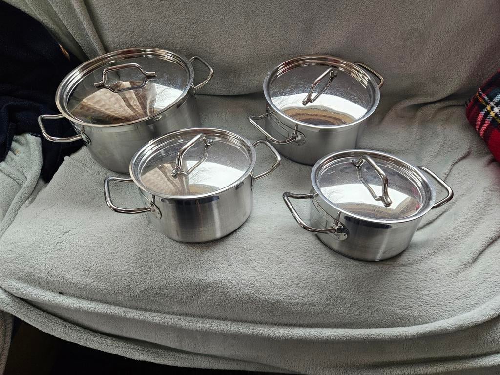 Diverse pannen: stamppotpan, koekenpannen, pannenkoekenpan, Ophalen, Gebruikt, Rvs, Pannenset
