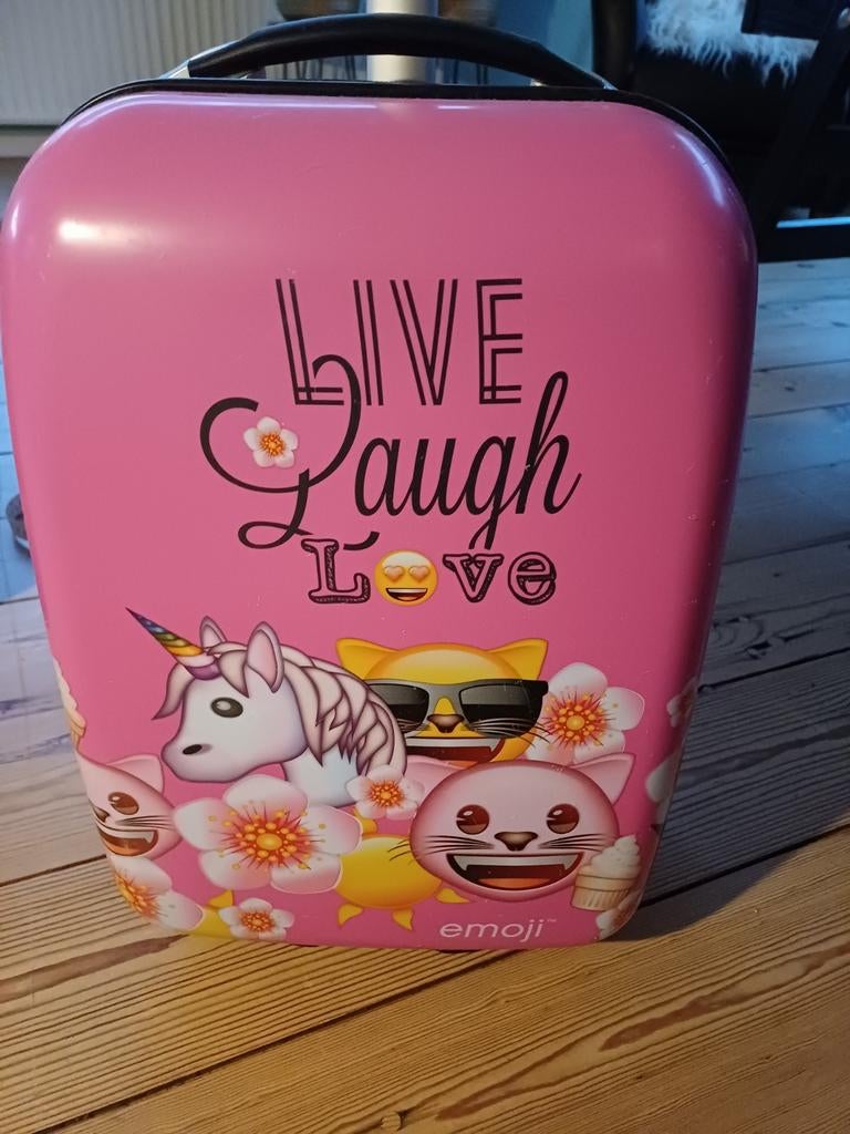 Roze koffer met eenhoorn en emoji's, Wieltjes, Hard kunststof, Minder dan 50 cm, Ophalen of Verzenden