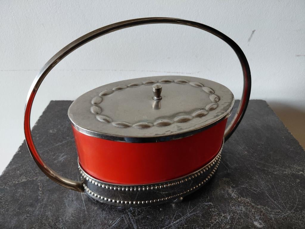 Vintage koekjesdoos met handvat, rood/zilver, Ophalen of Verzenden
