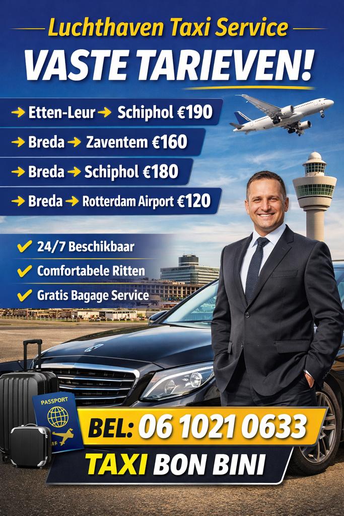 Taxi naar Schiphol v.a. Breda / Etten-Leur – 4 Personen, Diensten en Vakmensen, Koeriers, Chauffeurs en Taxi's, Taxivervoer