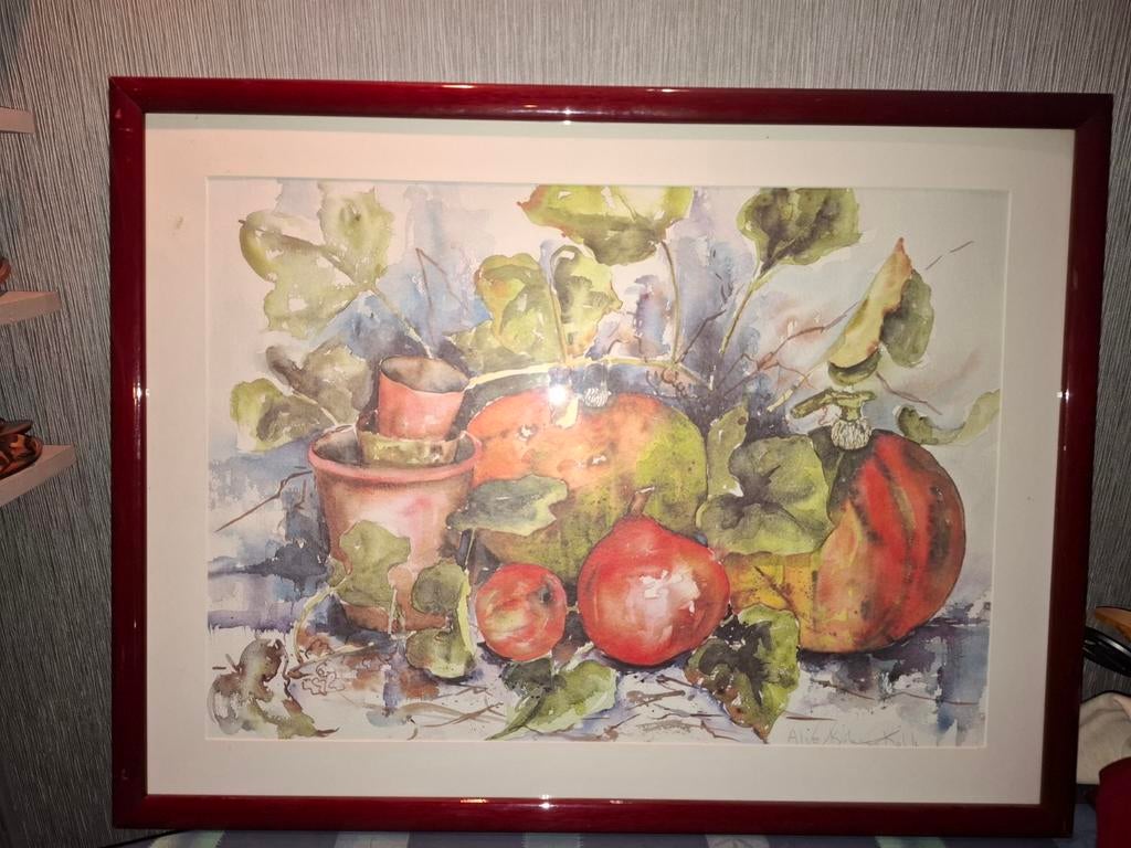 Schilderij stilleven pompoenen en fruit, aquarel, Ophalen of Verzenden