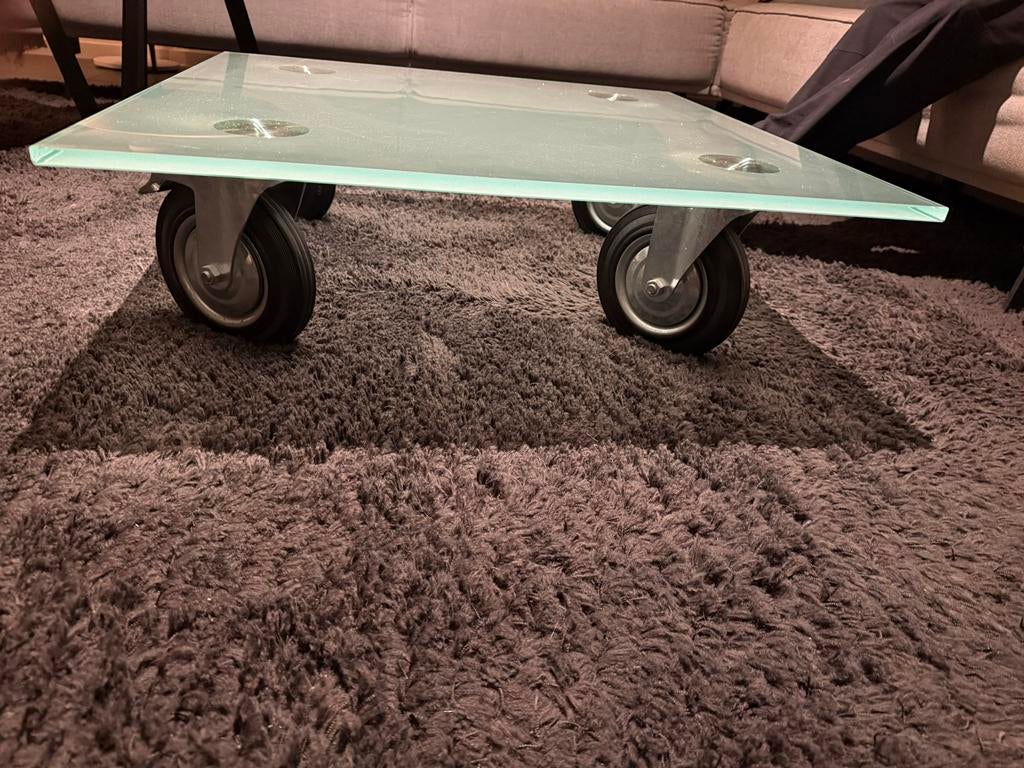Design Salontafel melkglas 80x80x25 cm op wielen, Ophalen, Gebruikt, 50 tot 100 cm, Vierkant