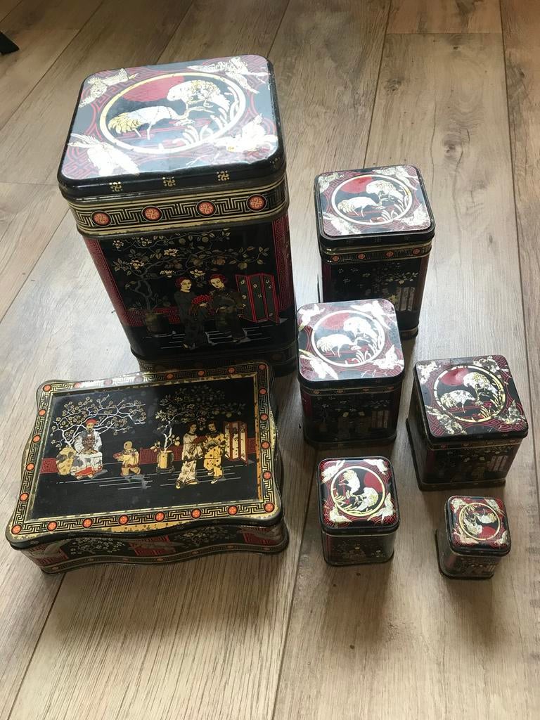 Set van 7 vintage Chinese theeblikken/opbergdozen, Verzamelen, Blikken, Ophalen, Gebruikt, Thee, Overige merken
