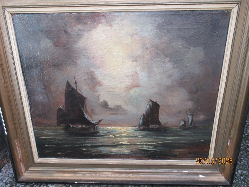 OUD SCHILDERIJ -ZEEZICHT ZONSONDERGANG-ZEILSCHEPEN-MARINE, Antiek en Kunst, Kunst | Schilderijen | Klassiek, Ophalen