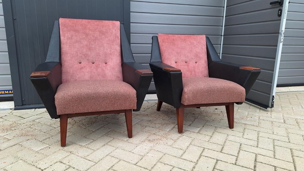 Set van 2 retro vintage fauteuils, salon zetels, stoelen, Huis en Inrichting, Tafels | Salontafels, Ophalen, Gebruikt, 50 tot 100 cm