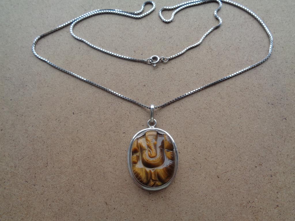 zilveren ketting met tijgeroog Ganesh Hanger [1010], Verzenden, Zo goed als nieuw, Met edelsteen, Zilver