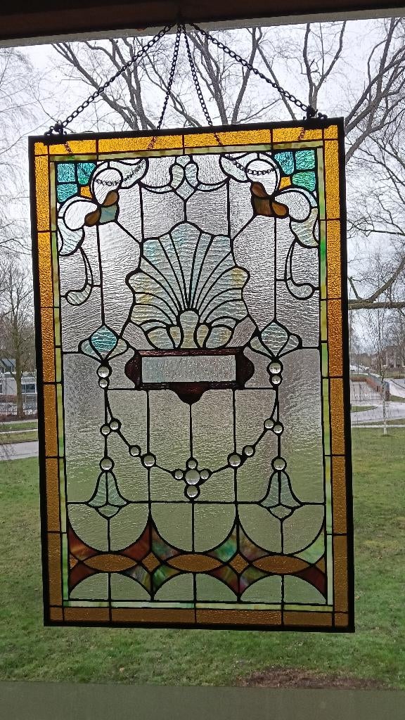 Kunstig, groot glas in lood raam, Antiek en Kunst, Curiosa en Brocante, Ophalen