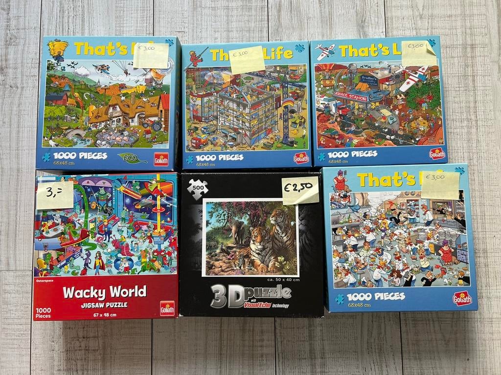 9 puzzels oa that’s life en wacky world, Ophalen, 500 t/m 1500 stukjes, Zo goed als nieuw, Legpuzzel