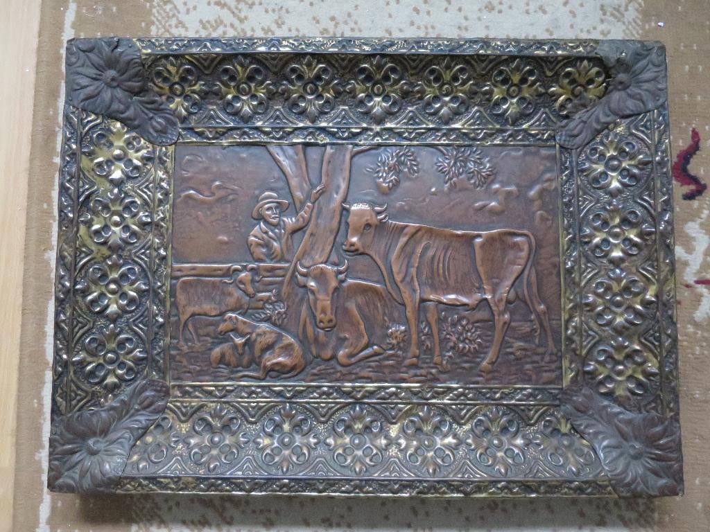 mooi antiek wandschilderij volledig uit koper 50/40 cm, Ophalen of Verzenden