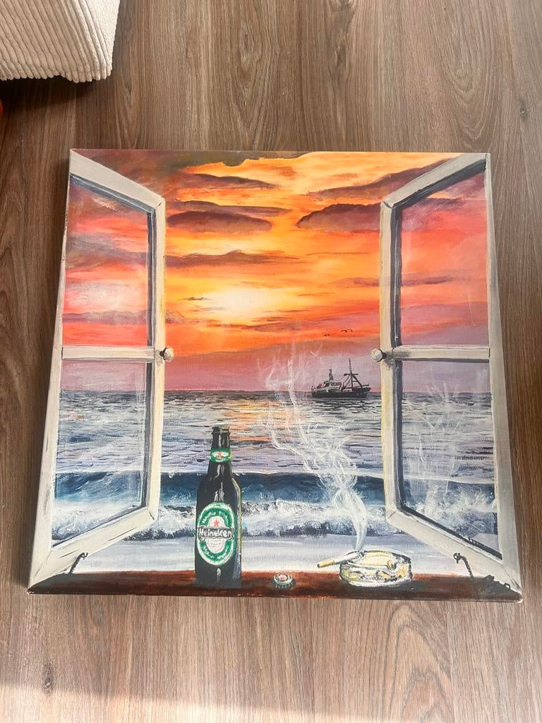 Schilderij zonsondergang aan zee met Heineken fles, Ophalen