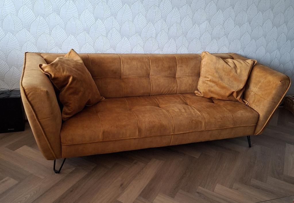 Gratis Bank 3-zits okergeel, Ophalen, Gebruikt, Driepersoons, 75 tot 100 cm