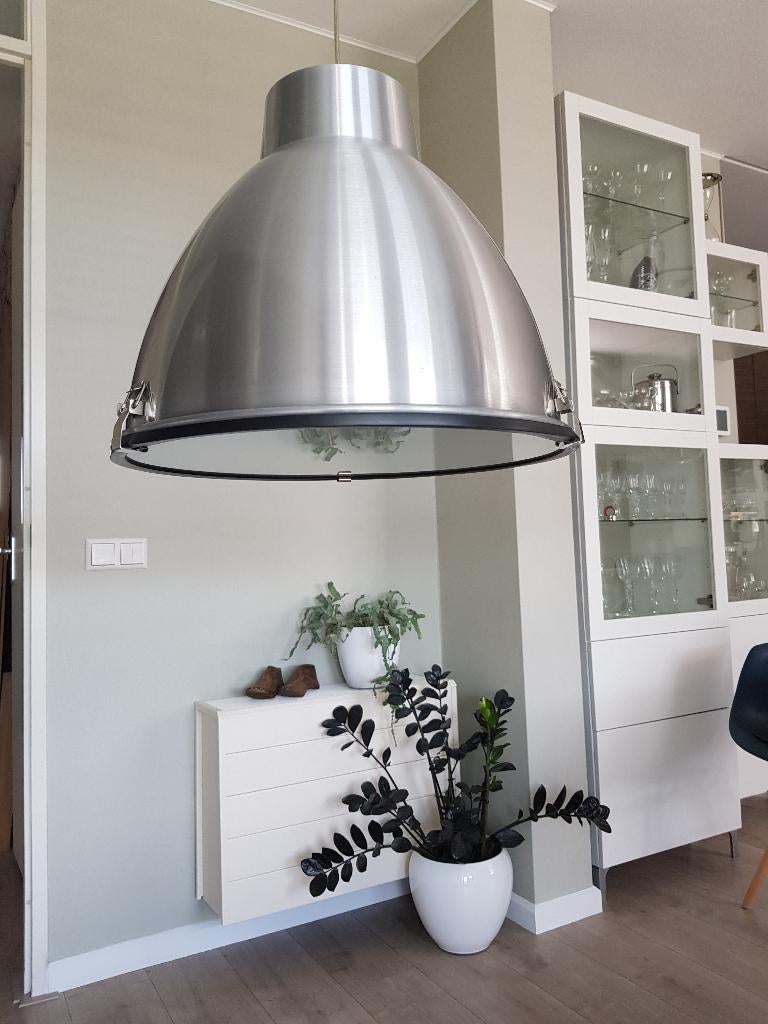Factory industriële hanglamp matte RVS look, Ophalen of Verzenden, Zo goed als nieuw, Glas, 75 cm of meer