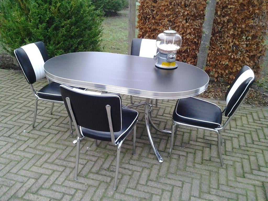 Amerikaanse Bel Air diner tafel + 4 stoelen sixties fifties, Ophalen, Zwart, Zo goed als nieuw, Vier