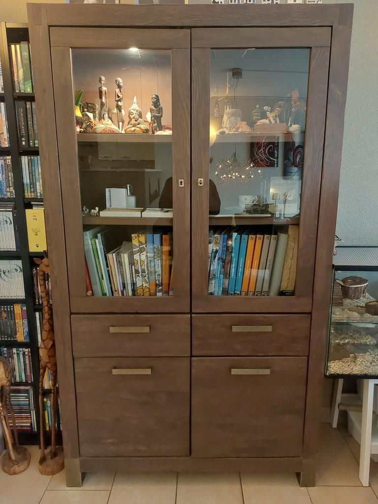 Henders & Hazel Vitrinekast met Verlichting, 100 tot 150 cm, Eikenhout, Ophalen of Verzenden, Zo goed als nieuw