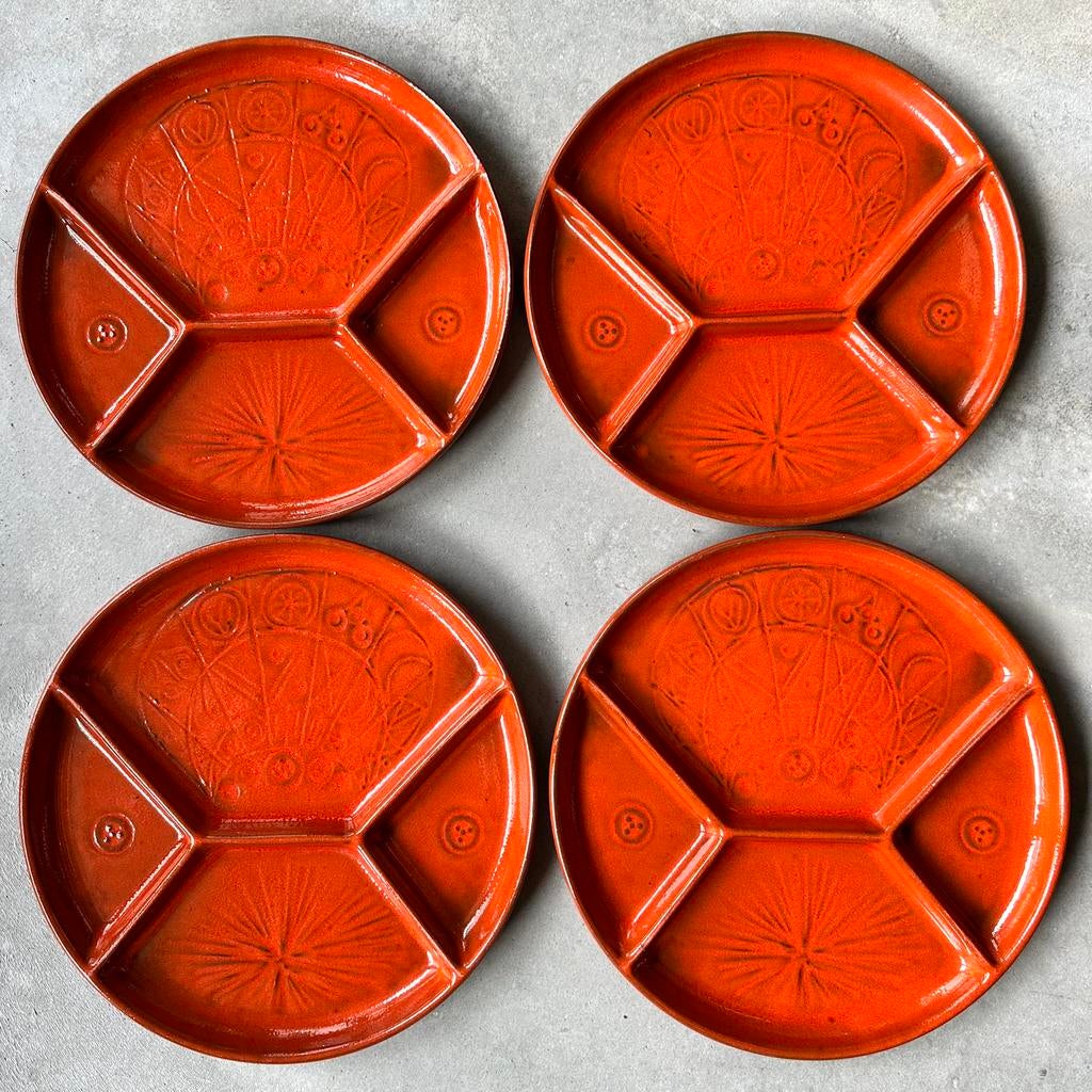 Fondueborden Set van 4 Oranje Vintage Jasba, Ophalen of Verzenden, X, Overige stijlen, Glas