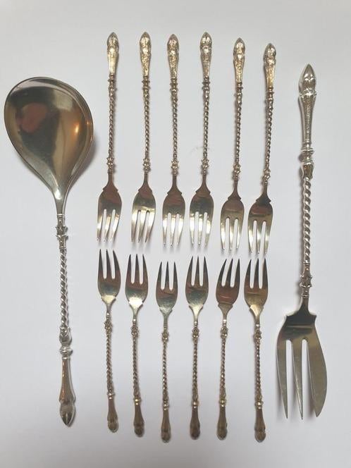 Petit Four set zilver BOKKEPOOT 12x /lepel en vork antiek, Antiek en Kunst, Verzenden