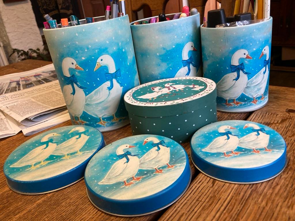 Vintage met Ganzen, blauw, drie verschillende maten, Ophalen of Verzenden, Gebruikt, Overige