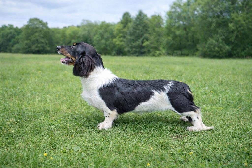 Langhaar dwerg teckel dekreu Piebald., Dieren en Toebehoren, Fokker | Hobbymatig, Reu, 1 tot 2 jaar, Buitenland