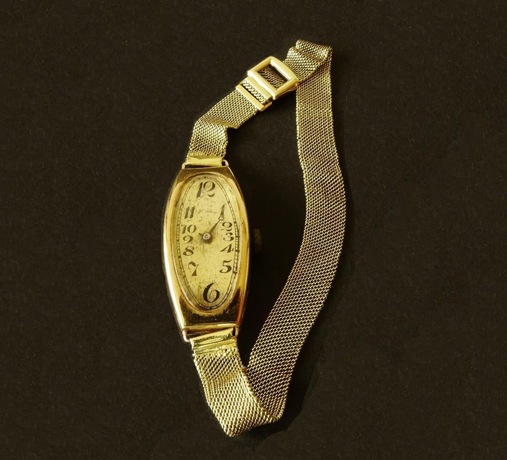 Antiek 14K goud Tavannes dames polshorloge Milanese band, Ophalen of Verzenden, Goud, Overige typen