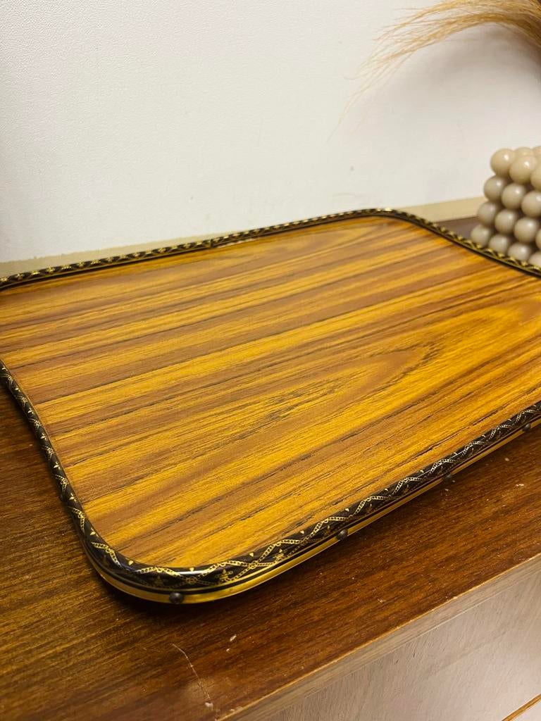 Prachtig Vintage Houten Dienblad met sierlijke Gouden Rand, Huis en Inrichting, Woonaccessoires | Dienbladen, Zo goed als nieuw
