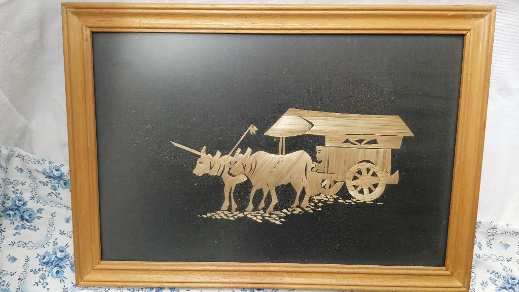 Stro-inleg kunst (ossen met kar) – 2333 cm, Ophalen of Verzenden